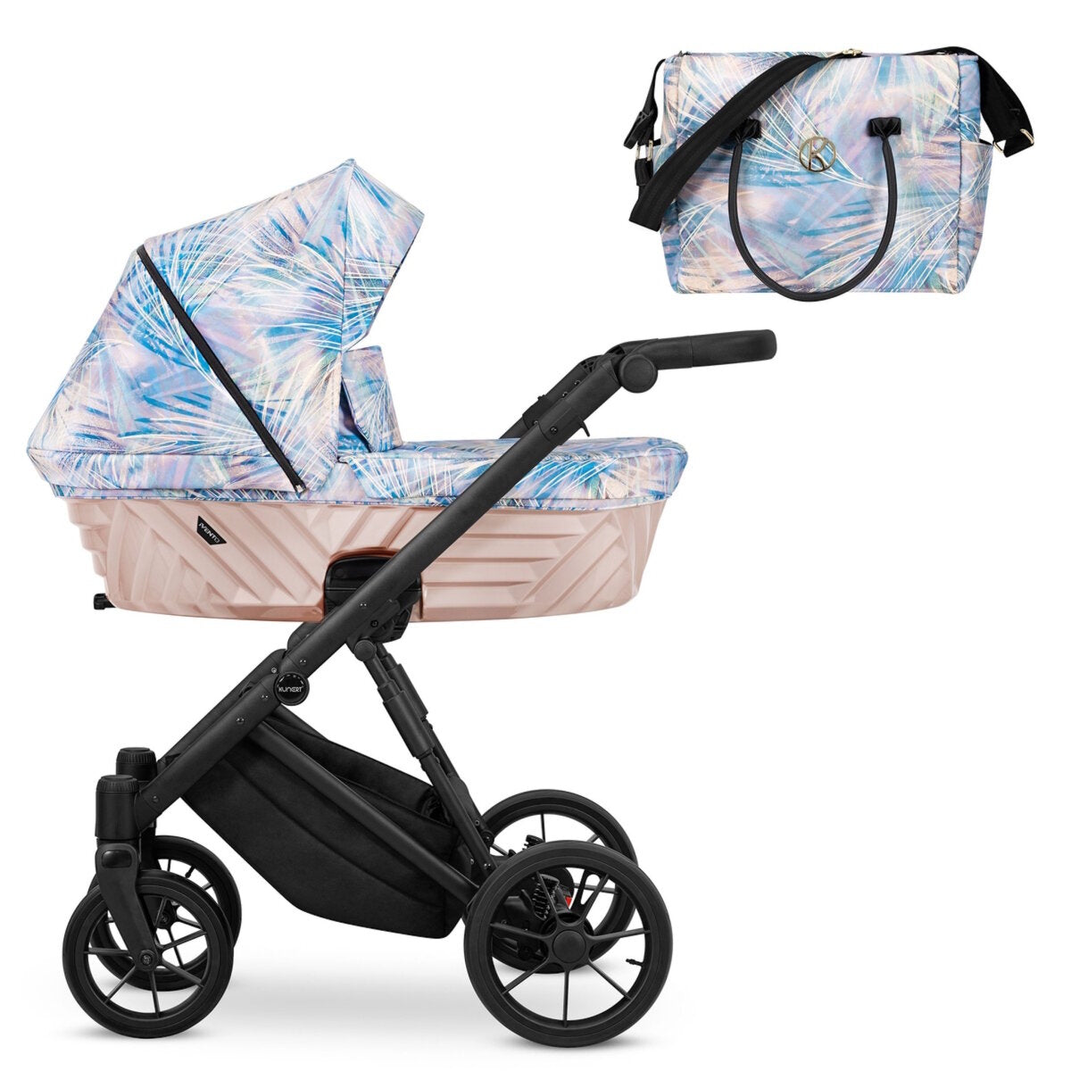 Kunert Ivento 3in1 Kinderwagen in Rosa/Blau mit schwarzem Rahmen und modernem Design – Ansicht 2