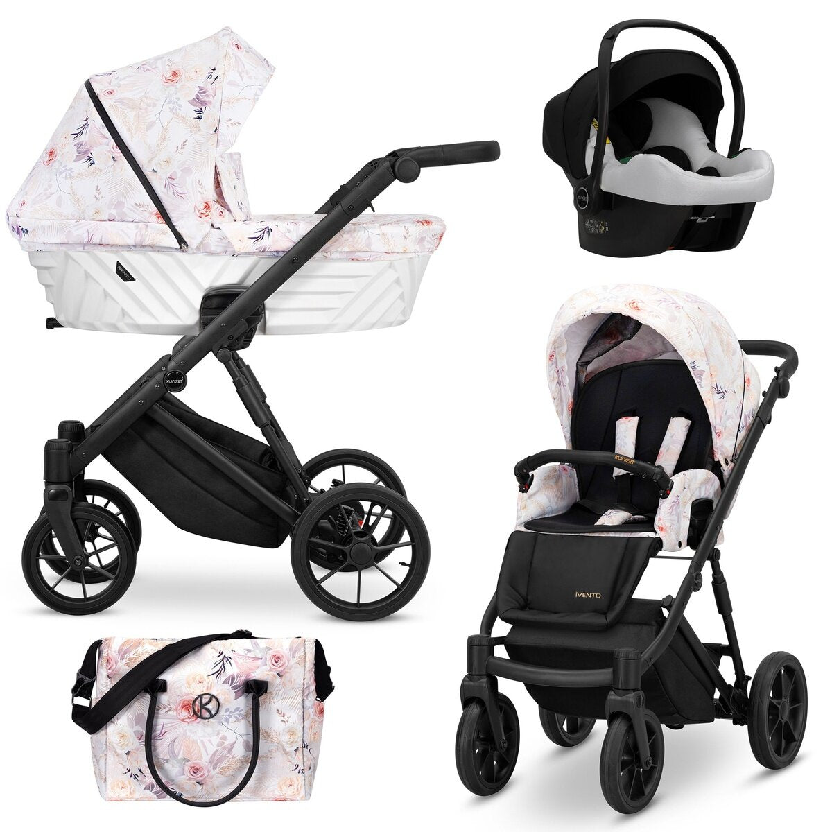 Kunert Ivento 3in1 Kinderwagen in Weiß/Rosa mit schwarzem Rahmen und zarten Blumen