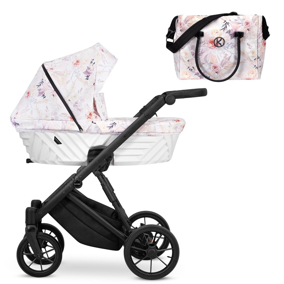 Kunert Ivento 3in1 Kinderwagen in Weiß/Rosa mit schwarzem Rahmen und zarten Blumen – Ansicht 2
