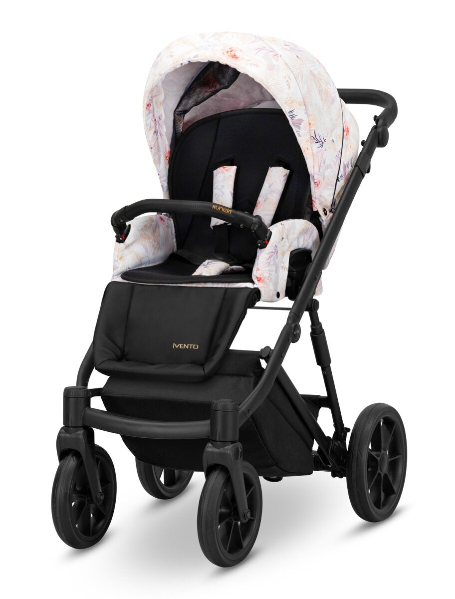 Kunert Ivento 3in1 Kinderwagen in Weiß/Rosa mit schwarzem Rahmen und zarten Blumen – Ansicht 3