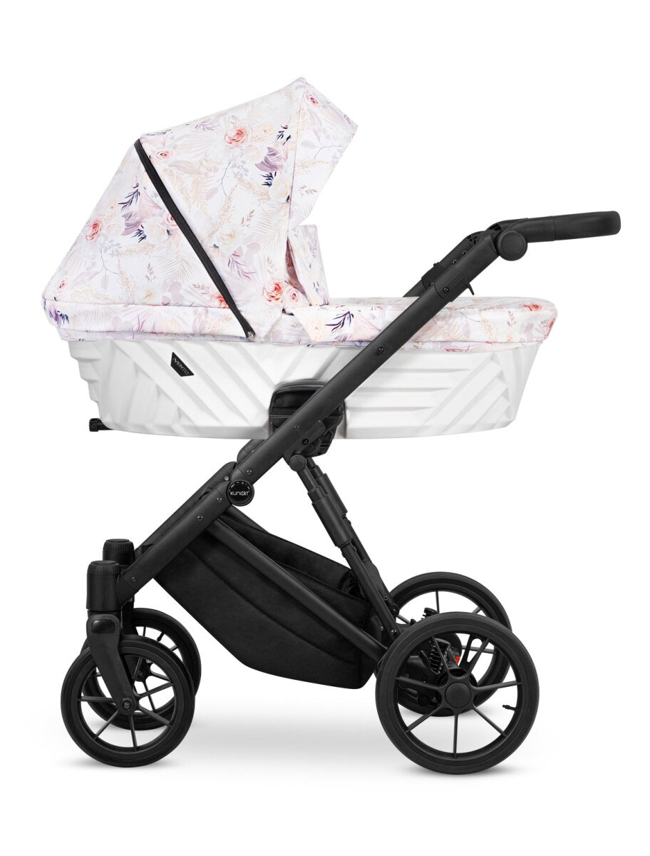 Kunert Ivento 3in1 Kinderwagen in Weiß/Rosa mit schwarzem Rahmen und zarten Blumen – Ansicht 4