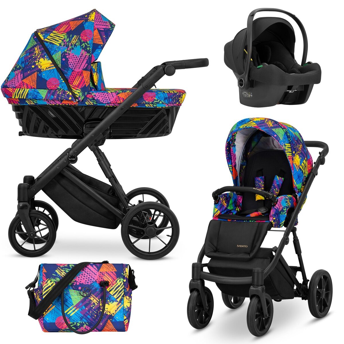 Kunert Ivento 3in1 Kinderwagen mit schwarzem Rahmen und umfangreicher Ausstattung