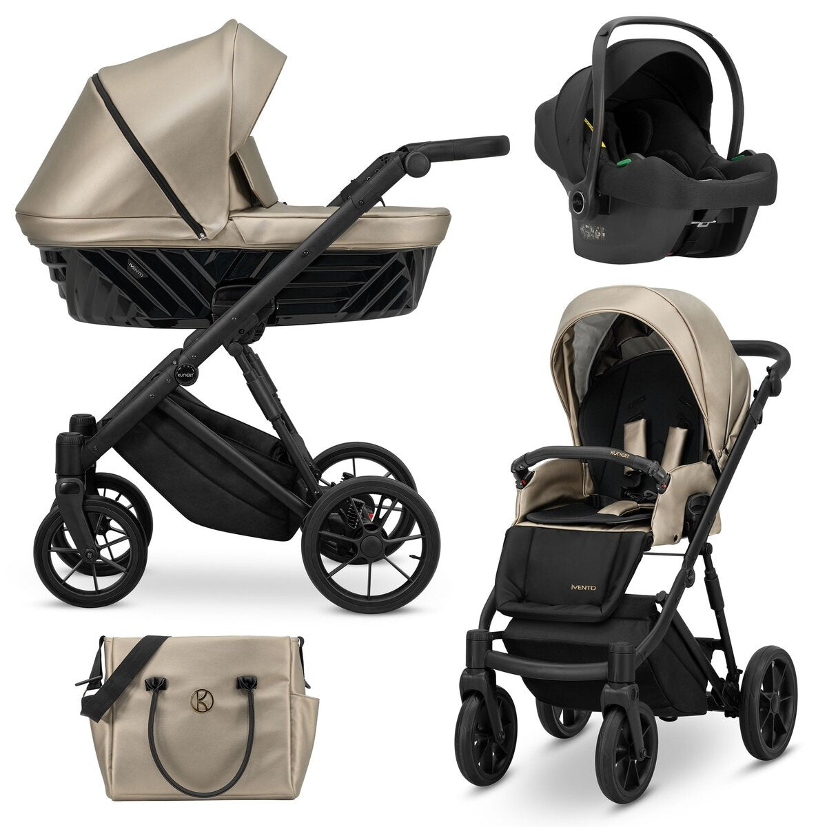 Kunert IVENTO 3in1 Öko-Leder Kinderwagen in Braun mit schwarzem Rahmen und Zubehör