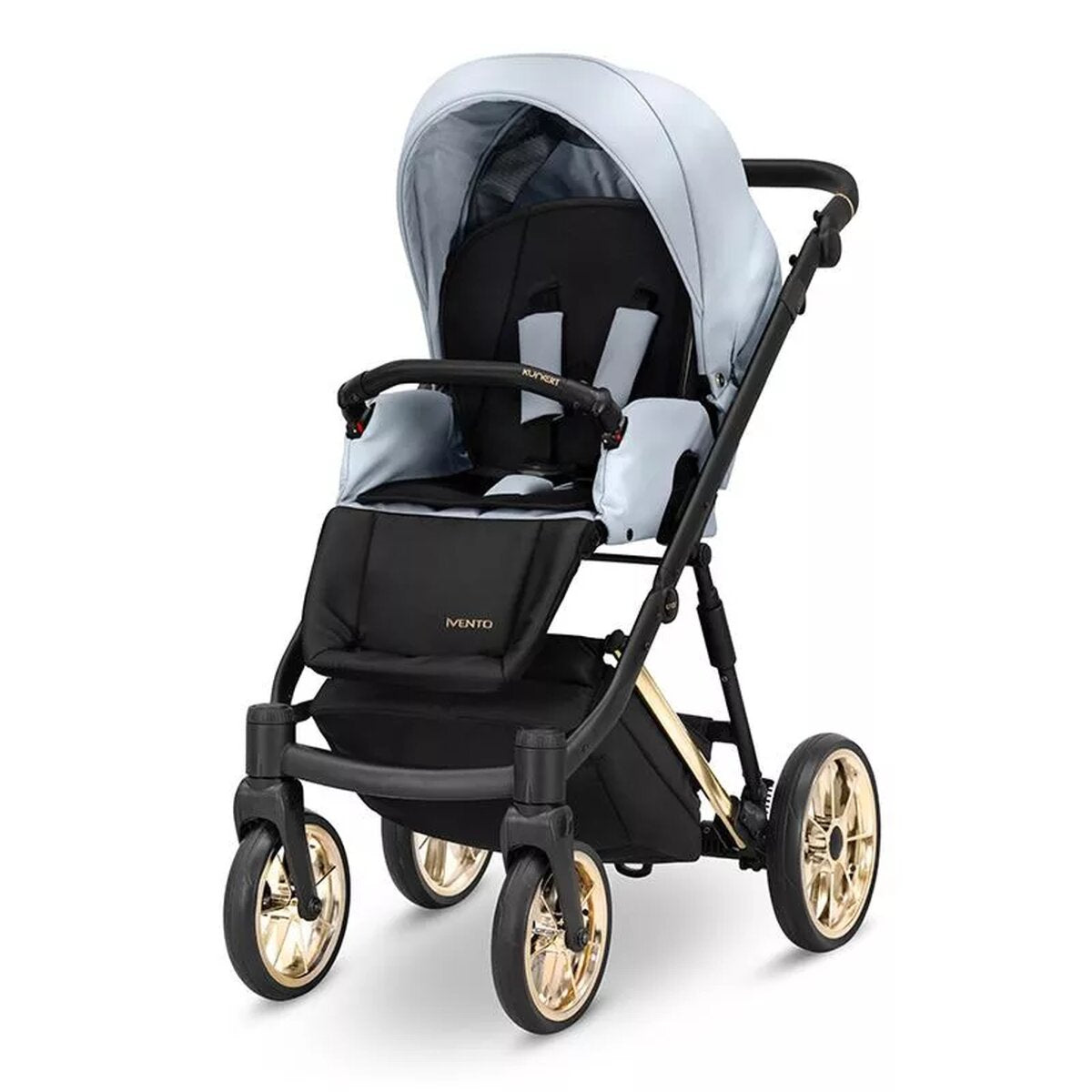 Kunert IVENTO Glam 2in1 Öko-Leder Kinderwagen in Metallic Blau mit Goldrahmen