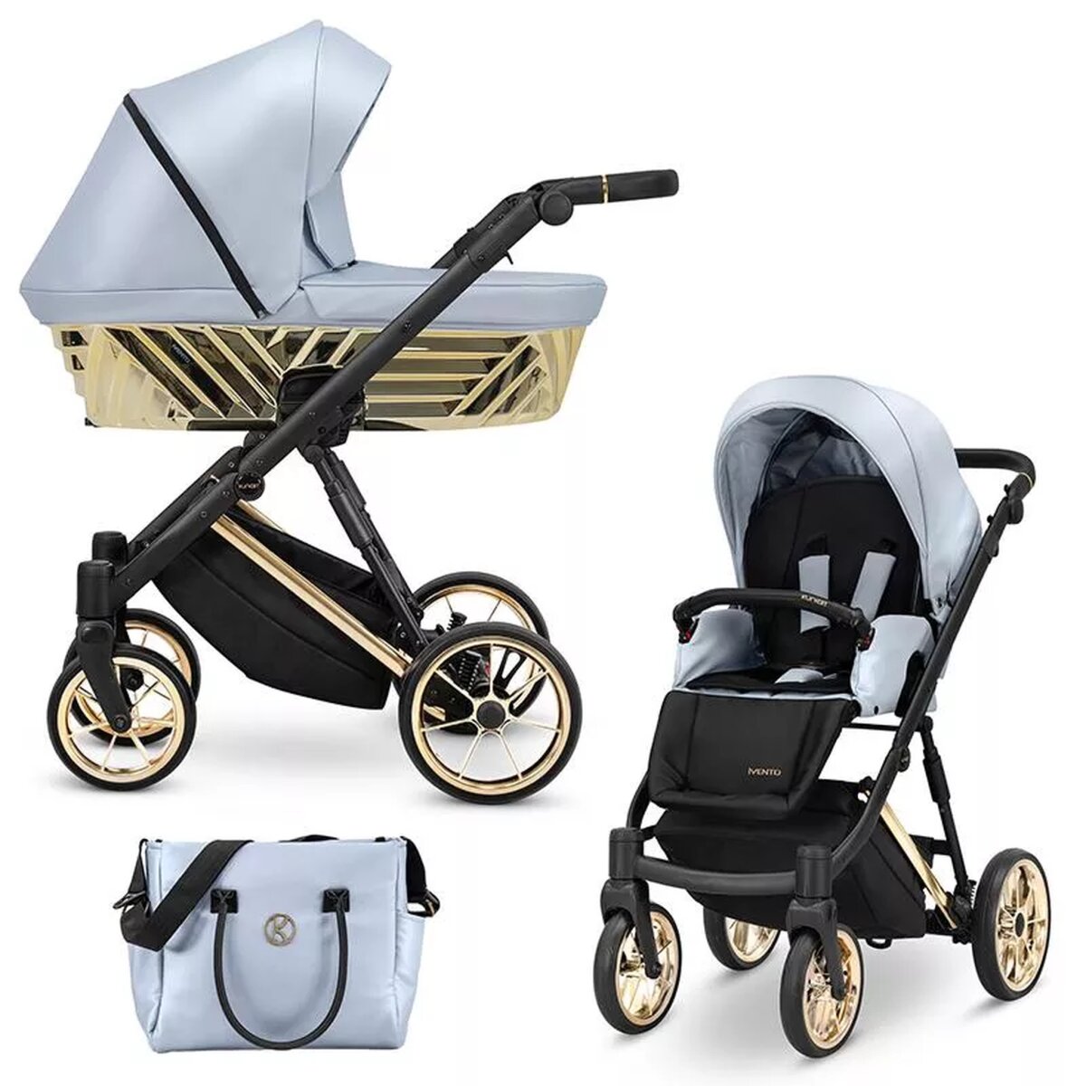 Kunert IVENTO Glam 2in1 Öko-Leder Kinderwagen in Metallic Blau mit Goldrahmen – Ansicht 3