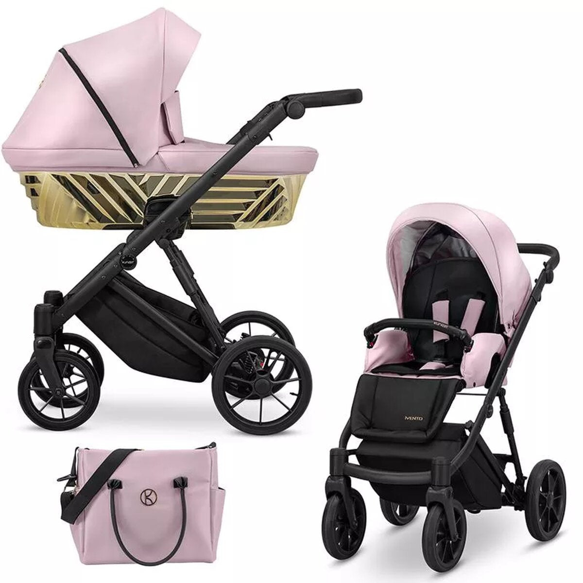 Kunert IVENTO Glam 2in1 Öko-Leder Kinderwagen in Metallic Pink mit schwarzem Rahmen