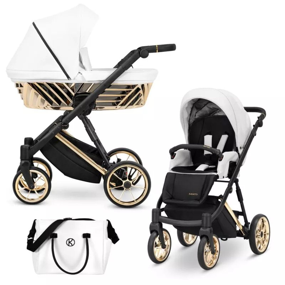 Kunert Ivento Glam 3in1 Öko-Leder Kinderwagen in Weiß mit goldenem Rahmen