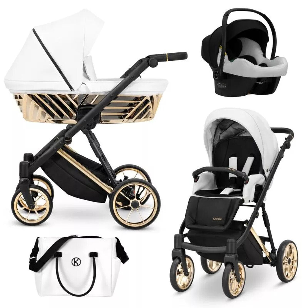 Kunert Ivento Glam 3in1 Öko-Leder Kinderwagen in Weiß mit goldenem Rahmen – Ansicht 5