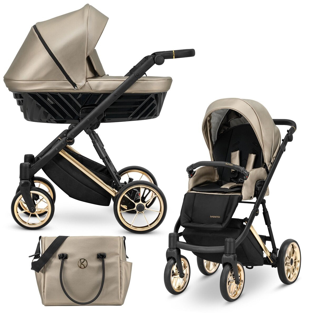 Kunert Ivento Premium 2in1 Öko-Leder Kinderwagen in Braun mit Goldrahmen
