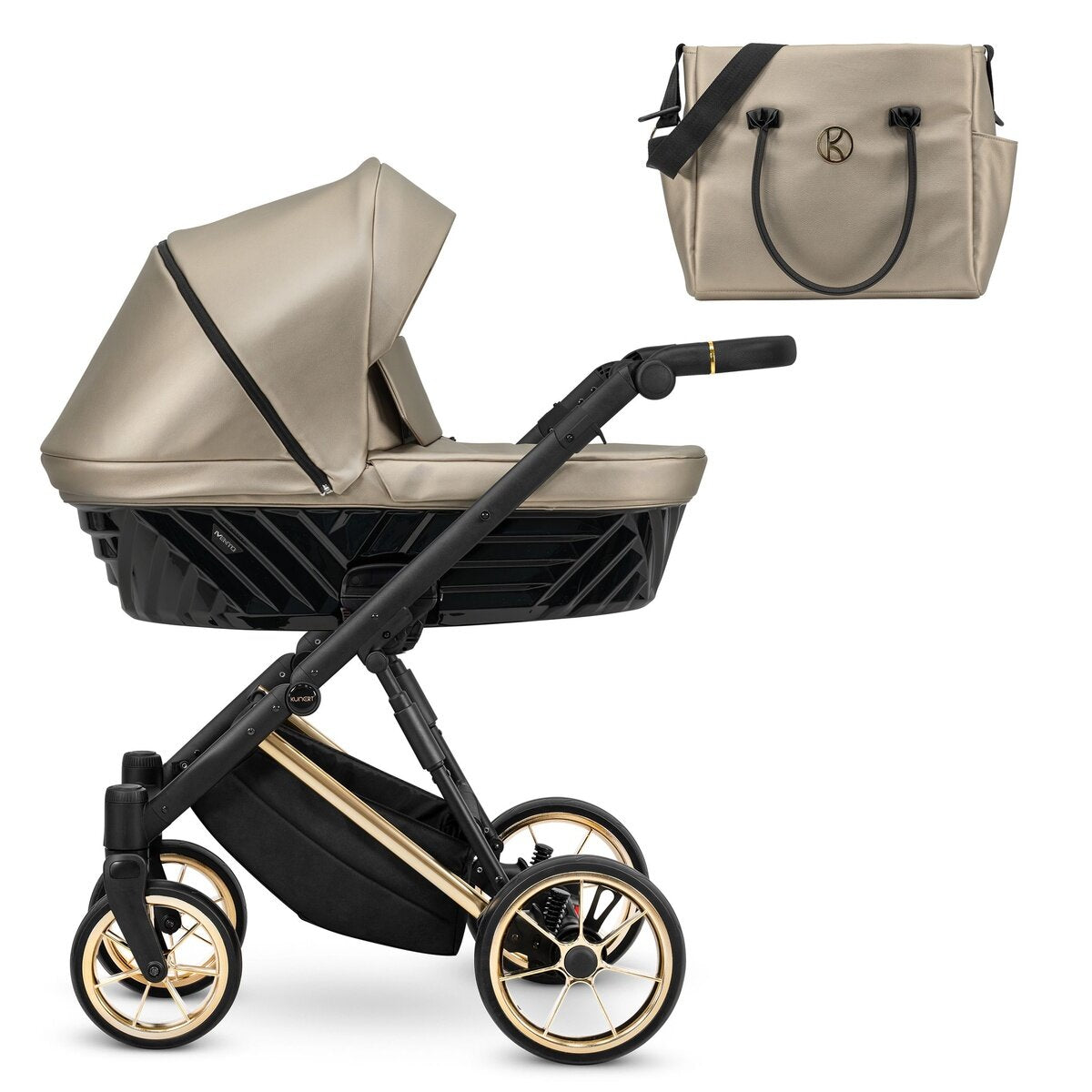 Kunert Ivento Premium 2in1 Öko-Leder Kinderwagen in Braun mit Goldrahmen – Ansicht 2