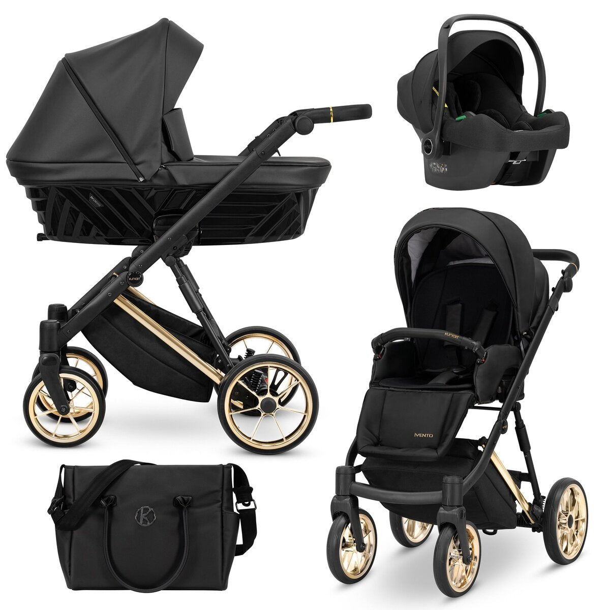 Kunert Ivento Premium 3in1 Kinderwagen in Anthrazit mit Goldrahmen und Zubehör