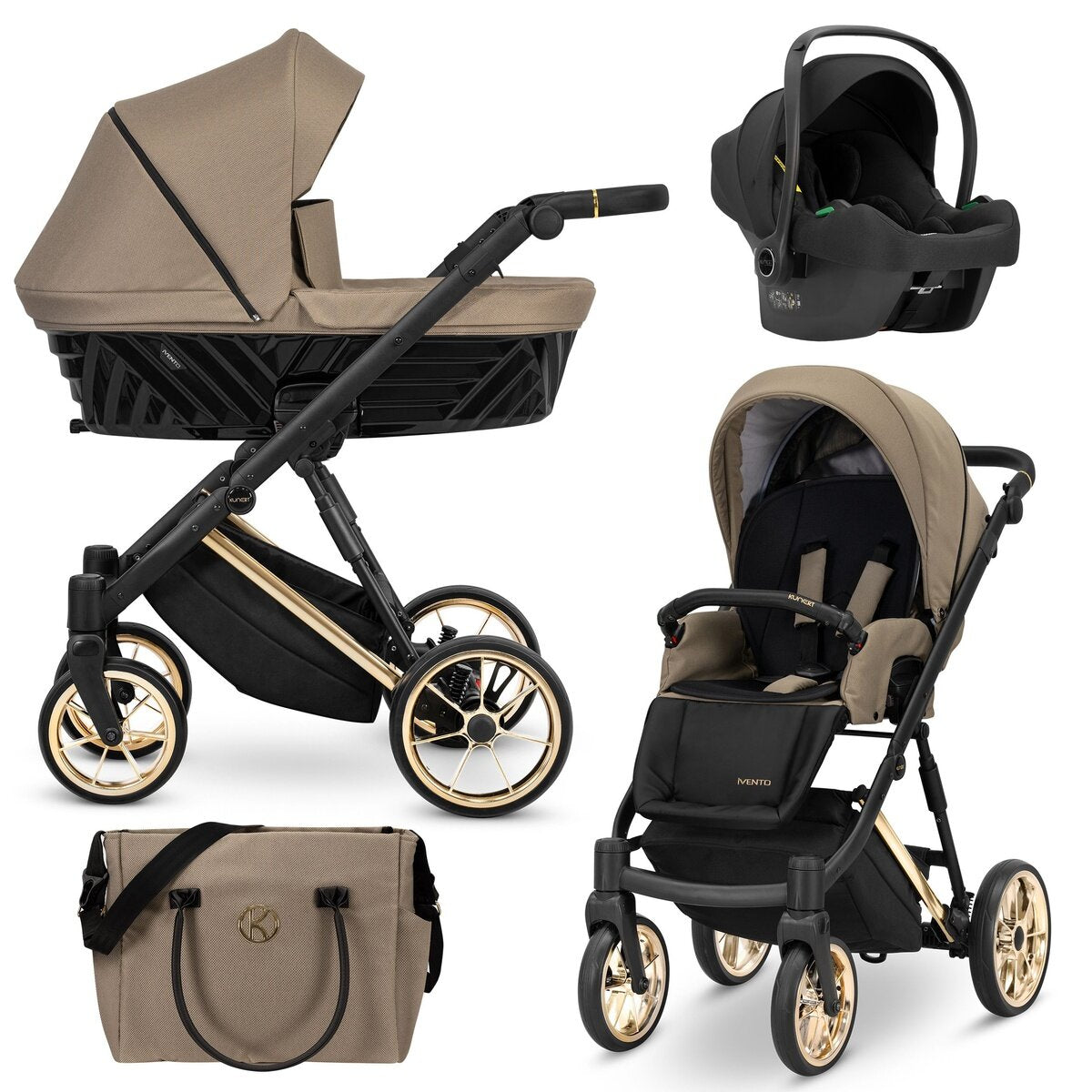 Kunert Ivento Premium 3in1 Kinderwagen in Braun mit Goldrahmen