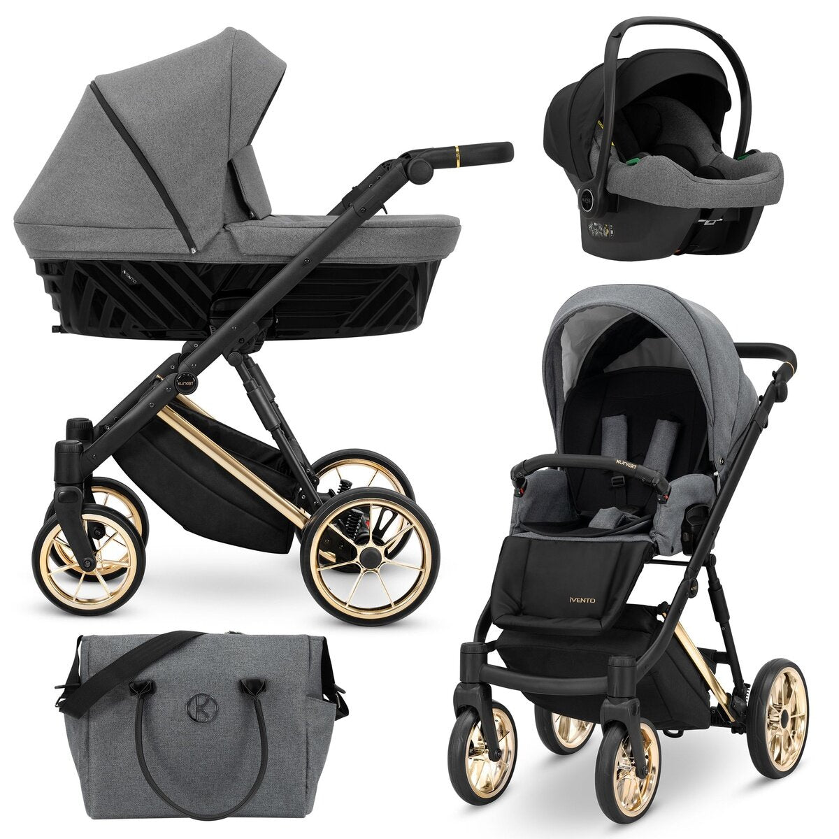 Kunert Ivento Premium 3in1 Kinderwagen in Grau mit Goldrahmen und Komfortausstattung