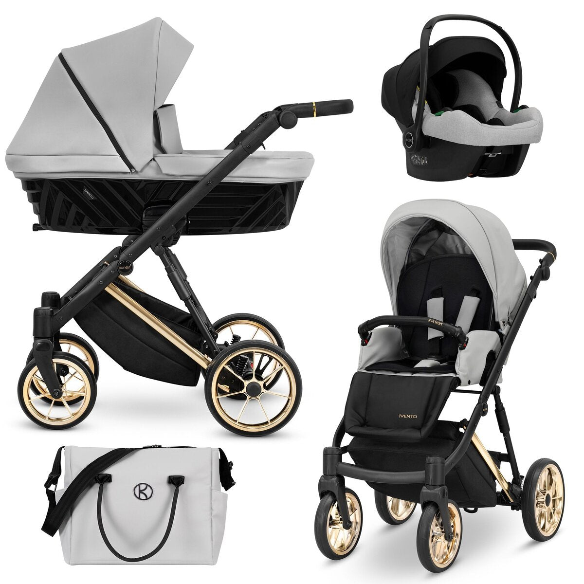 Kunert Ivento Premium 3in1 Kinderwagen in Grau mit Goldrahmen