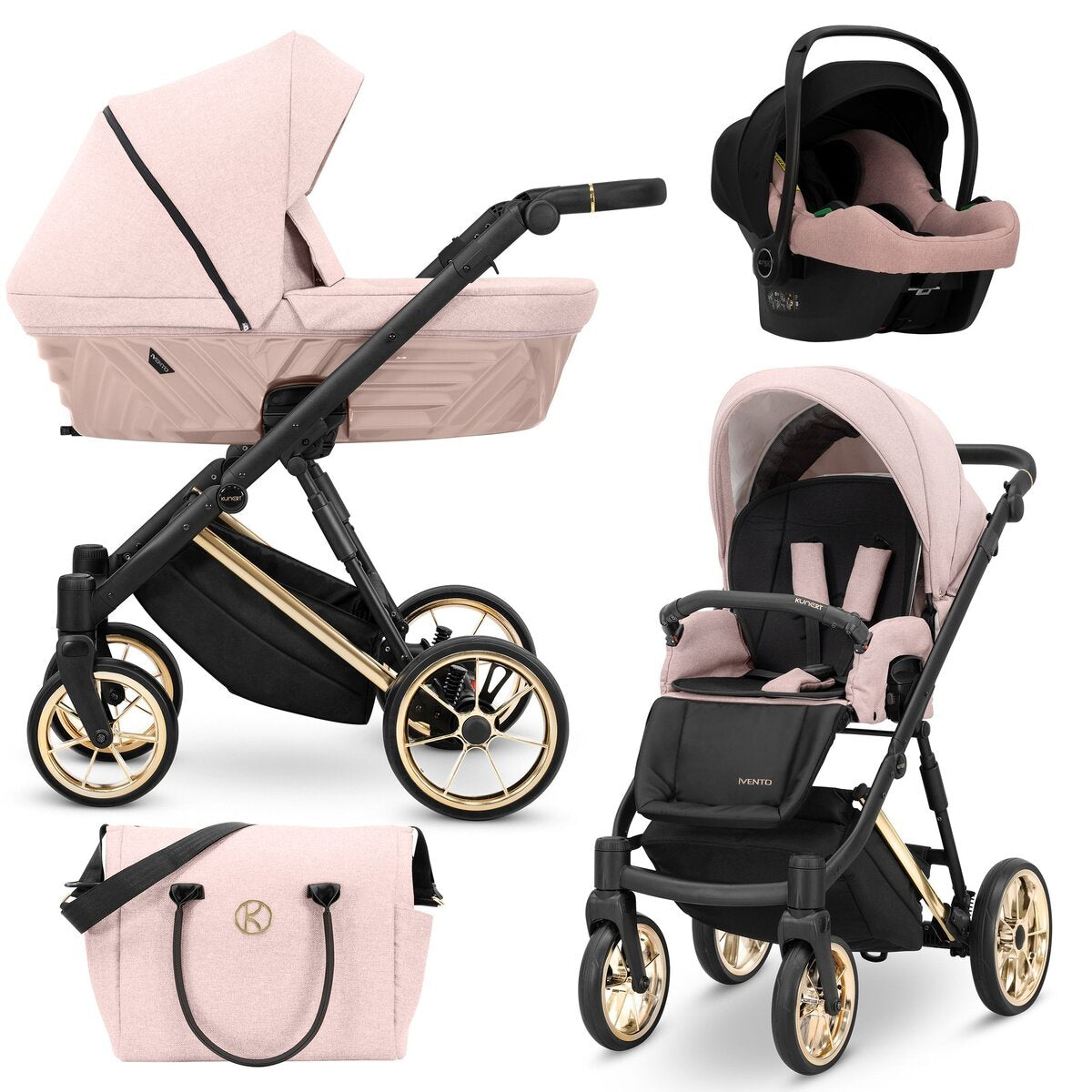 Kunert Ivento Premium 3in1 Kinderwagen in Rosa mit Goldrahmen und Zubehör