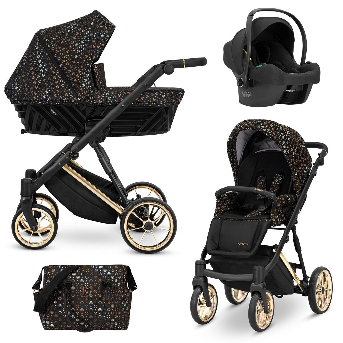 Kunert Ivento Premium 3in1 Kinderwagen in Schwarz/Braun mit Goldrahmen und Zubehör