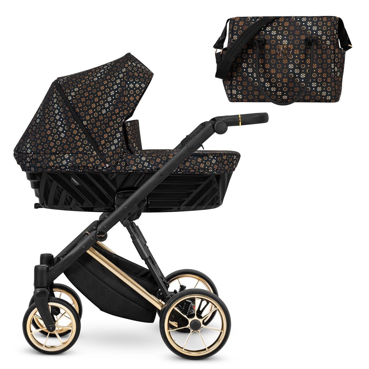 Kunert Ivento Premium 3in1 Kinderwagen in Schwarz/Braun mit Goldrahmen und Zubehör – Ansicht 2