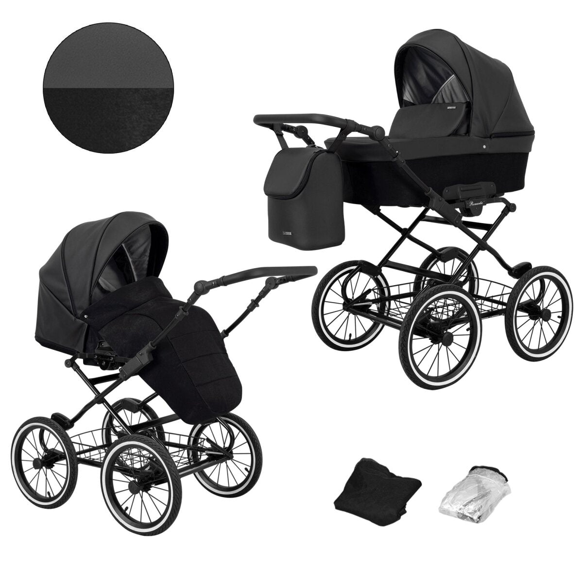 Kunert Romantic 2in1 Öko-Leder Kinderwagen in Schwarz/Grau mit AIR Wheels und schwarzem Rahmen