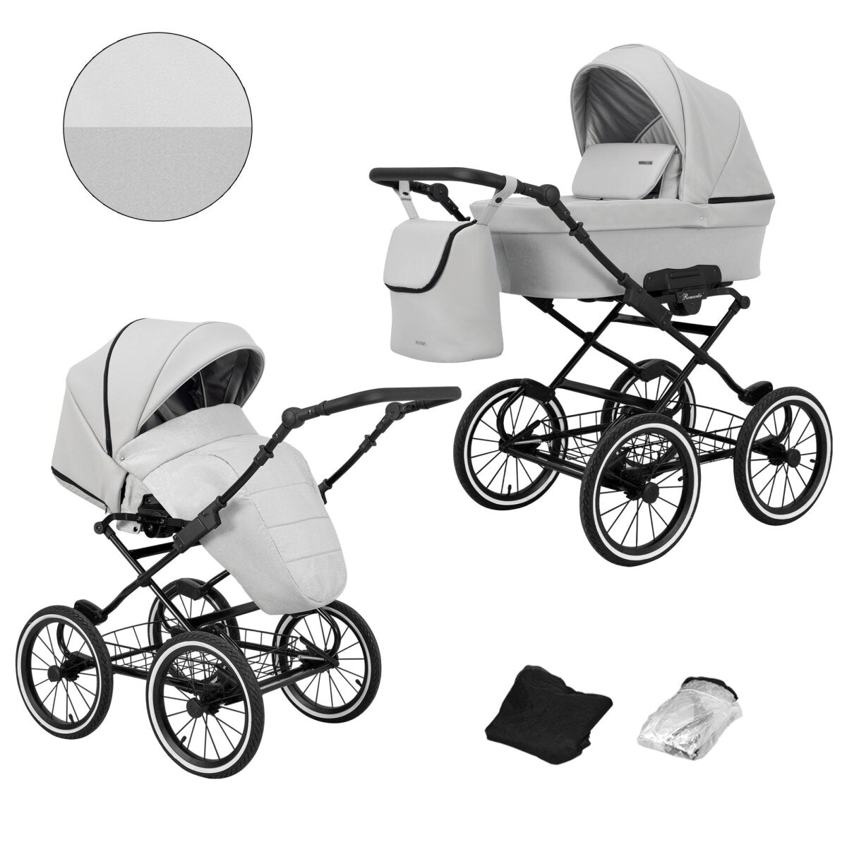 Kunert Romantic 2in1 Öko-Leder Kinderwagen in Silber mit AIR WHEELS und schwarzem Rahmen