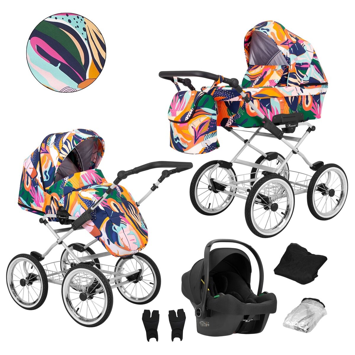 Kunert Romantic 3-in-1 Kinderwagen in Bunt mit Cosmo Autositz, AIR Wheels und grauem Rahmen – Ansicht 3