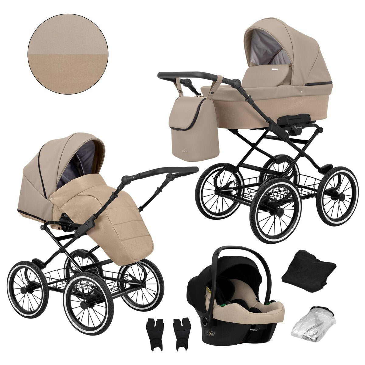 Kunert Romantic 3-in-1 Öko-Leder Kinderwagen in Braun/Cappucino mit Cosmo Autositz und schwarzem Rahmen