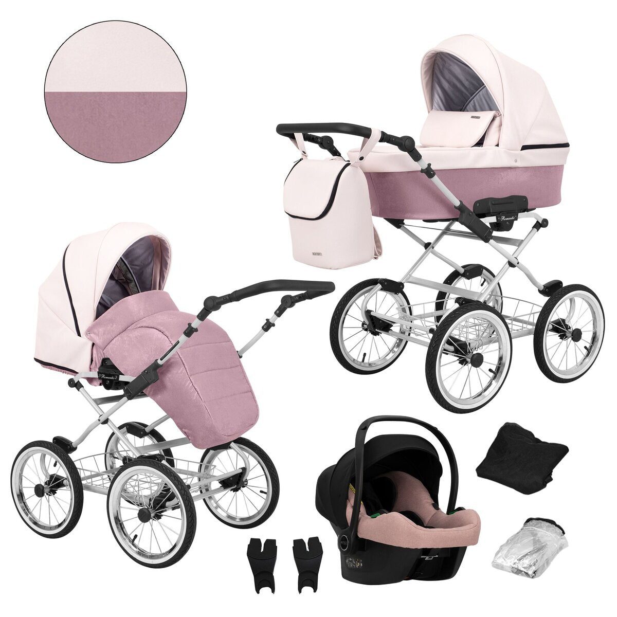 Kunert Romantic 3 in 1 Öko-Leder Kinderwagen in Weiß/Rosa mit Cosmo Autositz und grauem Rahmen