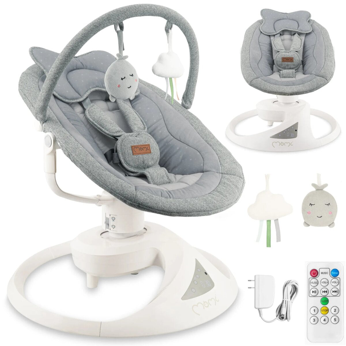 MoMi PEARL – Babywippe mit Bluetooth, 360° Sitzdrehung, 2 Modi, Nummern-Panel – Grau