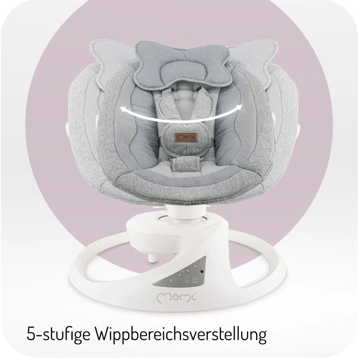 MoMi PEARL – Babywippe mit Bluetooth, 360° Sitzdrehung, 2 Modi, Nummern-Panel – Grau – Ansicht 3