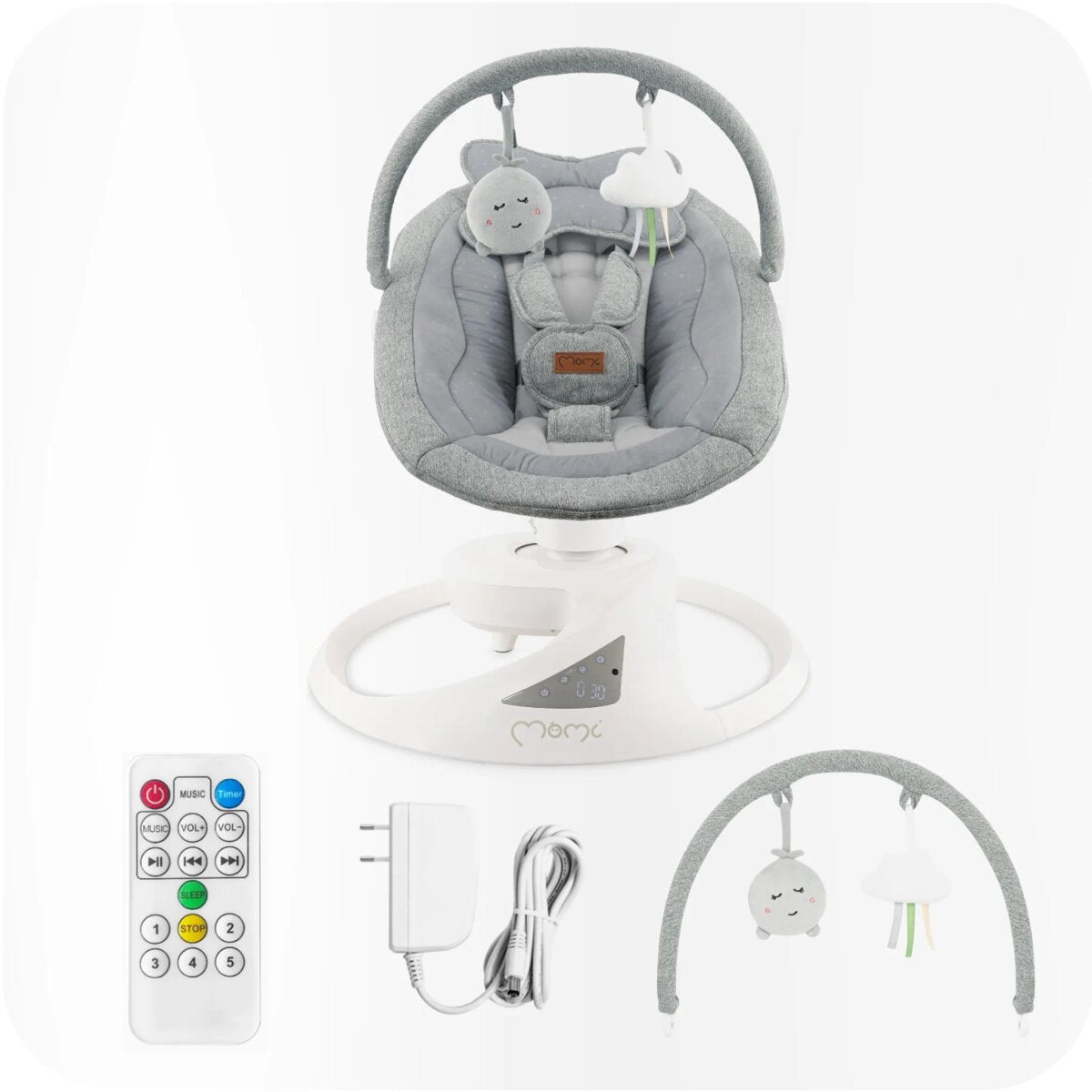 MoMi PEARL – Babywippe mit Bluetooth, 360° Sitzdrehung, 2 Modi, Nummern-Panel – Grau – Ansicht 7