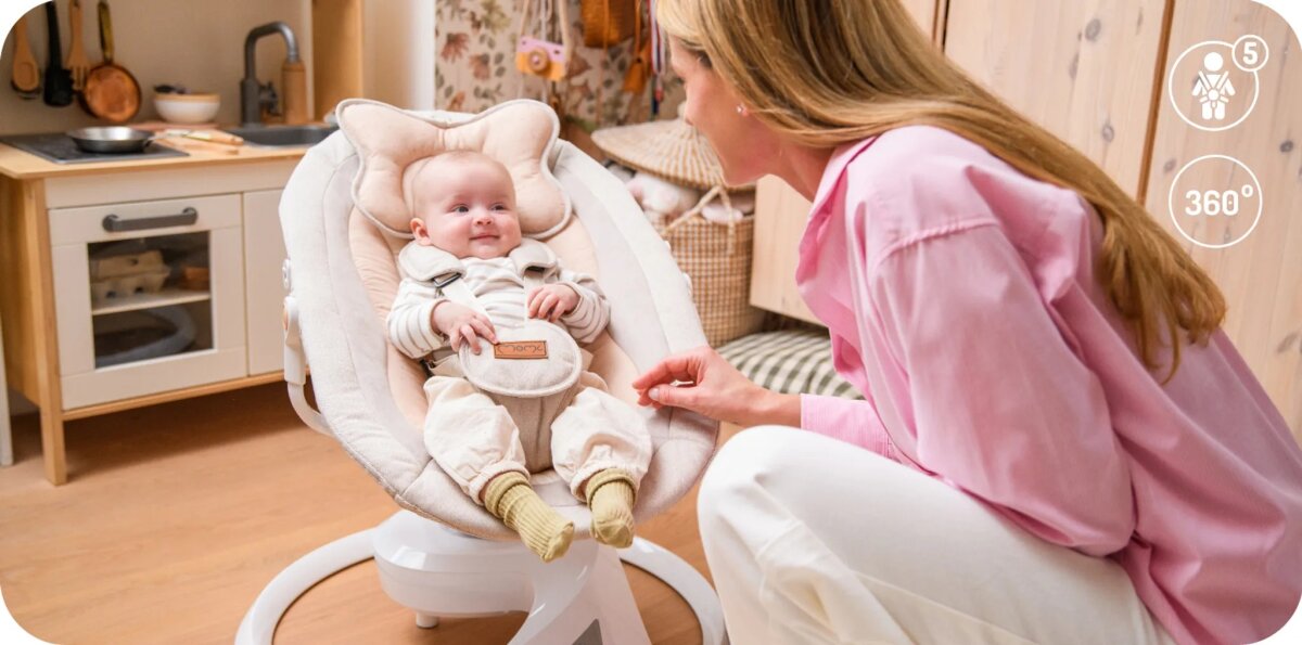 MoMi PEARL – Babywippe mit Bluetooth, 360° Sitzdrehung, 2 Modi, Nummern-Panel – Grau – Ansicht 8