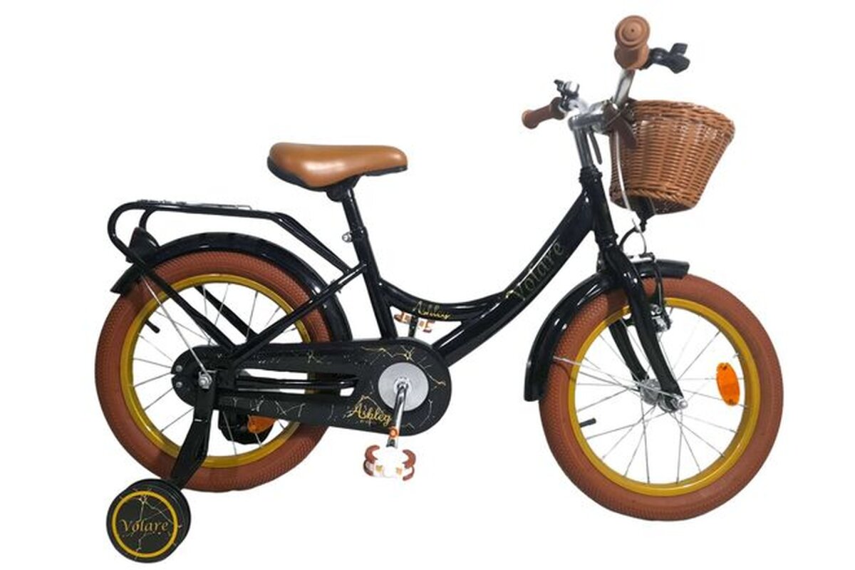 Volare Ashley 14 Zoll Kinderfahrrad Mädchen Schwarz – Rücktritt- und Handbremse, mit abnehmbaren Stützrädern und Korb