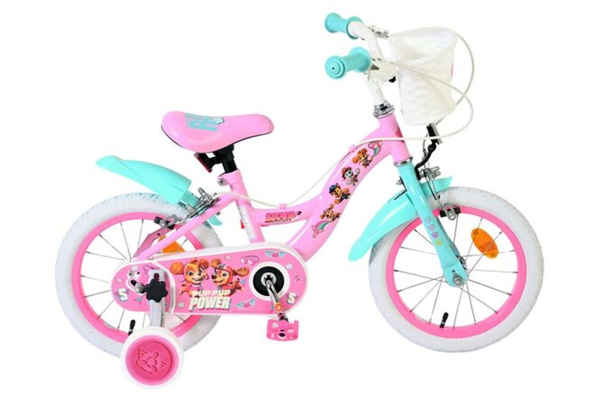 Volare Paw Patrol Kinderfahrrad Mädchen 14 Zoll Rosa – mit zwei Handbremsen, abnehmbare Stützräder und Korb