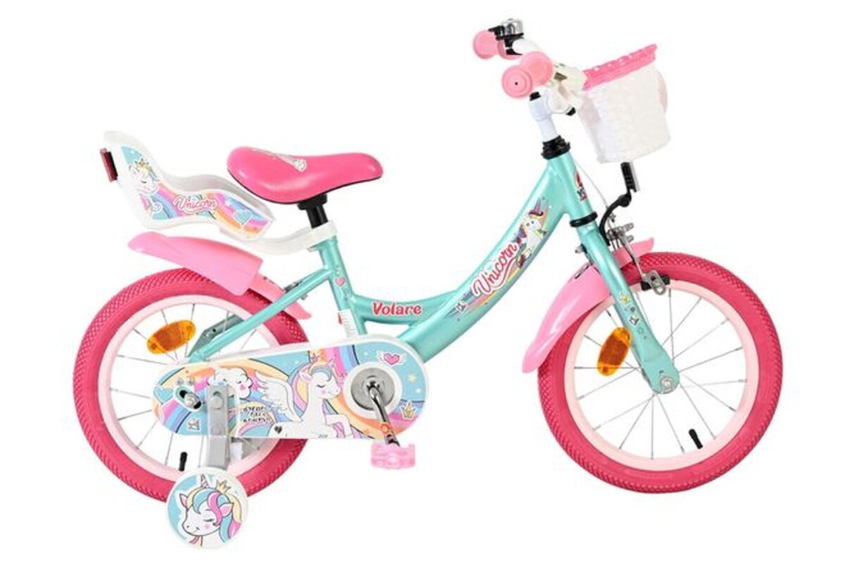Volare Unicorn Kinderfahrrad Mädchen 14 Zoll Grün – Einhorn-Design, Handbremse & Rücktrittbremse